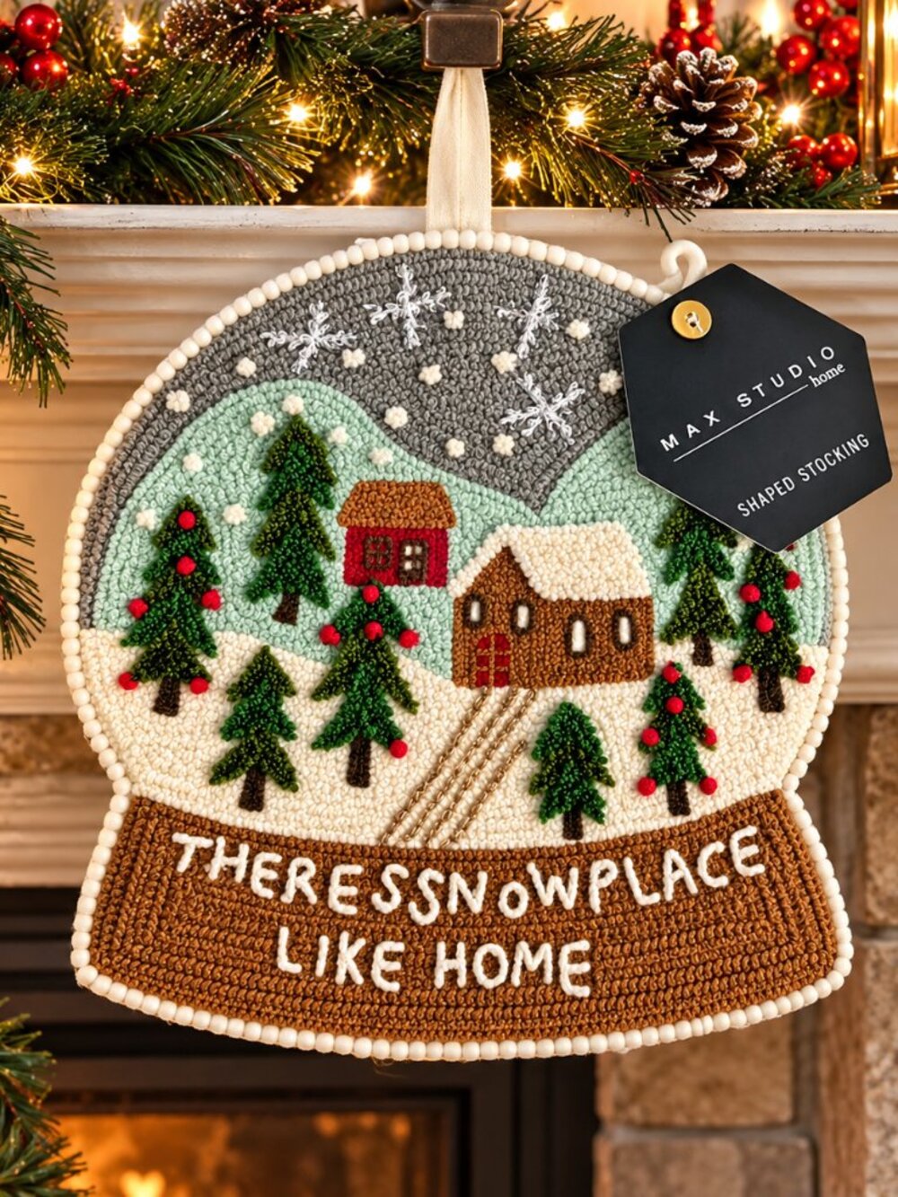 Max Studio Christmas Stocking Village Snow Globe Embroidered Embellished Holiday